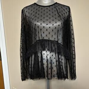 Massini Womens Black Sheer Star Mesh Blouse Long Sleeve See Through Size XL